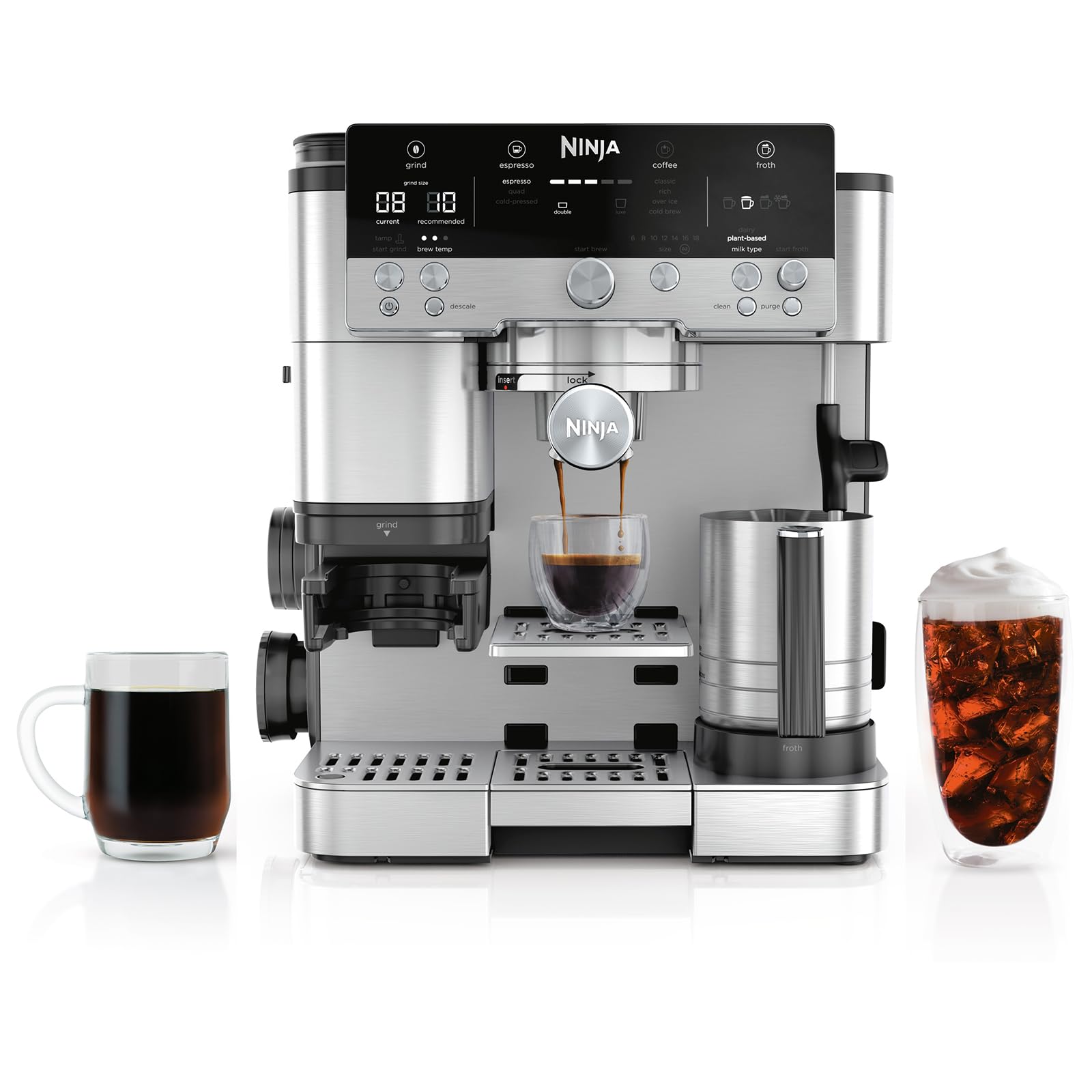 3-in-1 Coffee Machine ES601 – Espresso, Drip Coffee & Cold Brew, Built-In Grinder, Milk Frother, Assisted Tamper & Accessory Storage – Stainless Steel