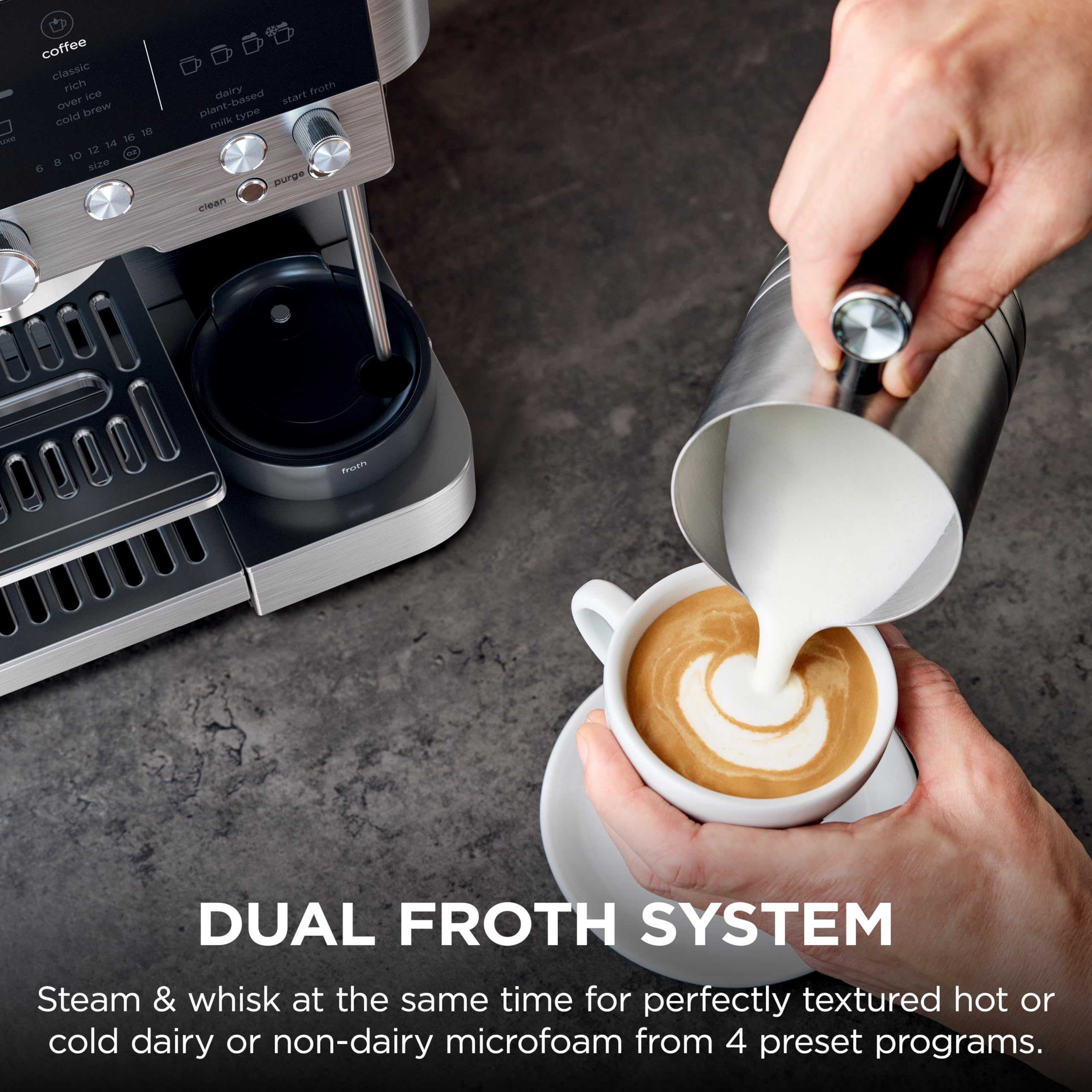 3-in-1 Coffee Machine ES601 – Espresso, Drip Coffee & Cold Brew, Built-In Grinder, Milk Frother, Assisted Tamper & Accessory Storage – Stainless Steel