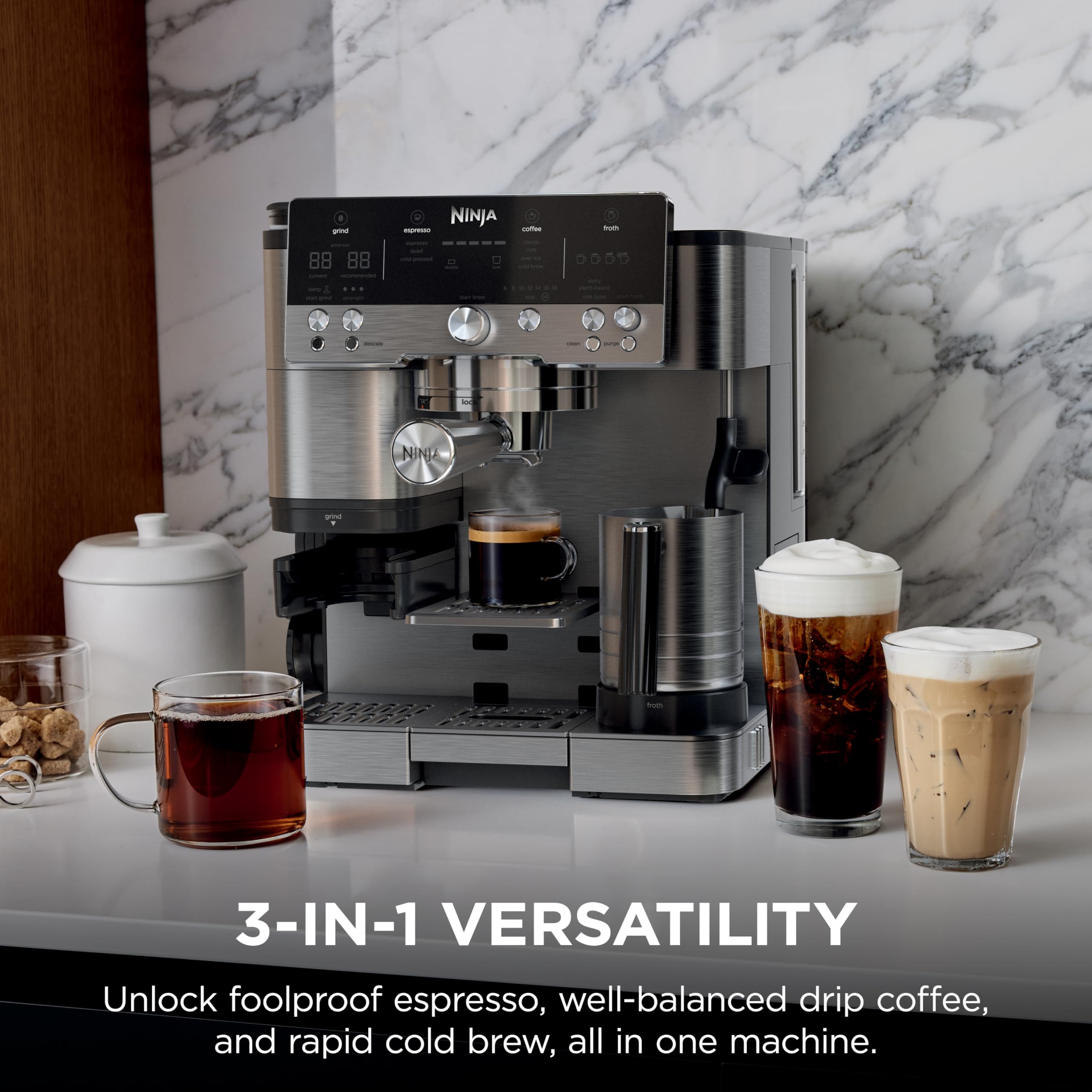 3-in-1 Coffee Machine ES601 – Espresso, Drip Coffee & Cold Brew, Built-In Grinder, Milk Frother, Assisted Tamper & Accessory Storage – Stainless Steel