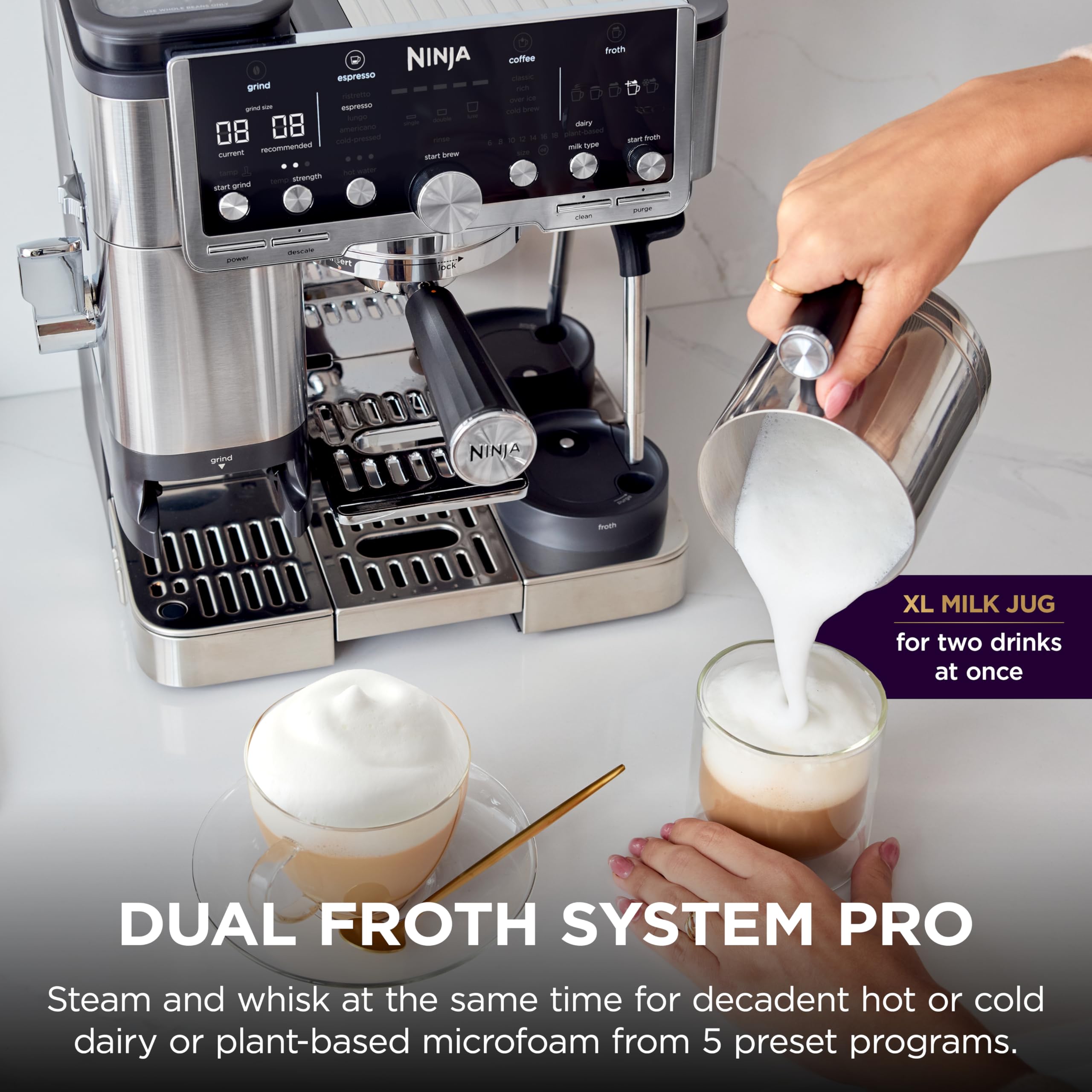 Multi-Function Coffee Machine ES701 – Espresso, Drip Coffee, Cold Brew Settings, Built-In Grinder, Integrated Tamper & Hands-Free Milk Frother
